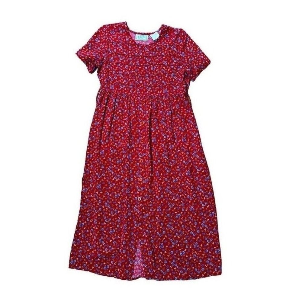 Vintage Erika Red Blue Floral Smocked Yoke Button‎ Front Short Sleeve Midi Dress